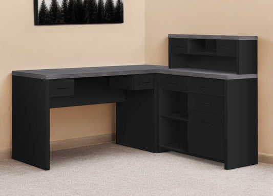 59" Gray and Black L Shape Computer Desk With Eight Drawers