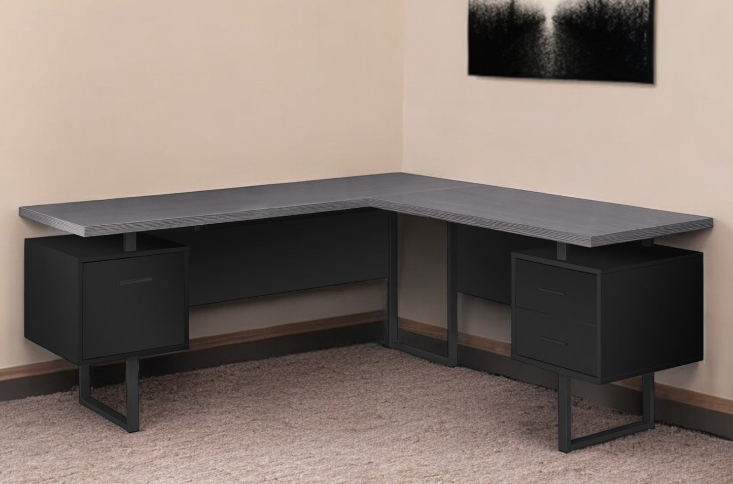 71" Gray and Black L Shape Computer Desk With Three Drawers