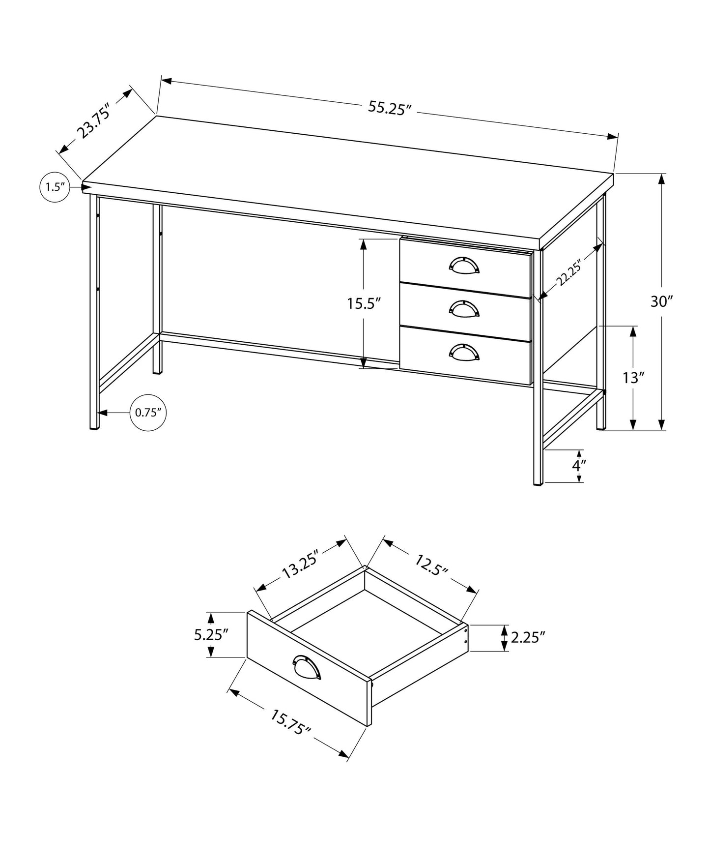 24" Brown and Black Computer Desk With Three Drawers