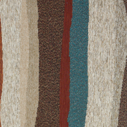Woven fabric stripe swatch in beige, cream, brown, rust and teal; versatile upholstery or rug textile.