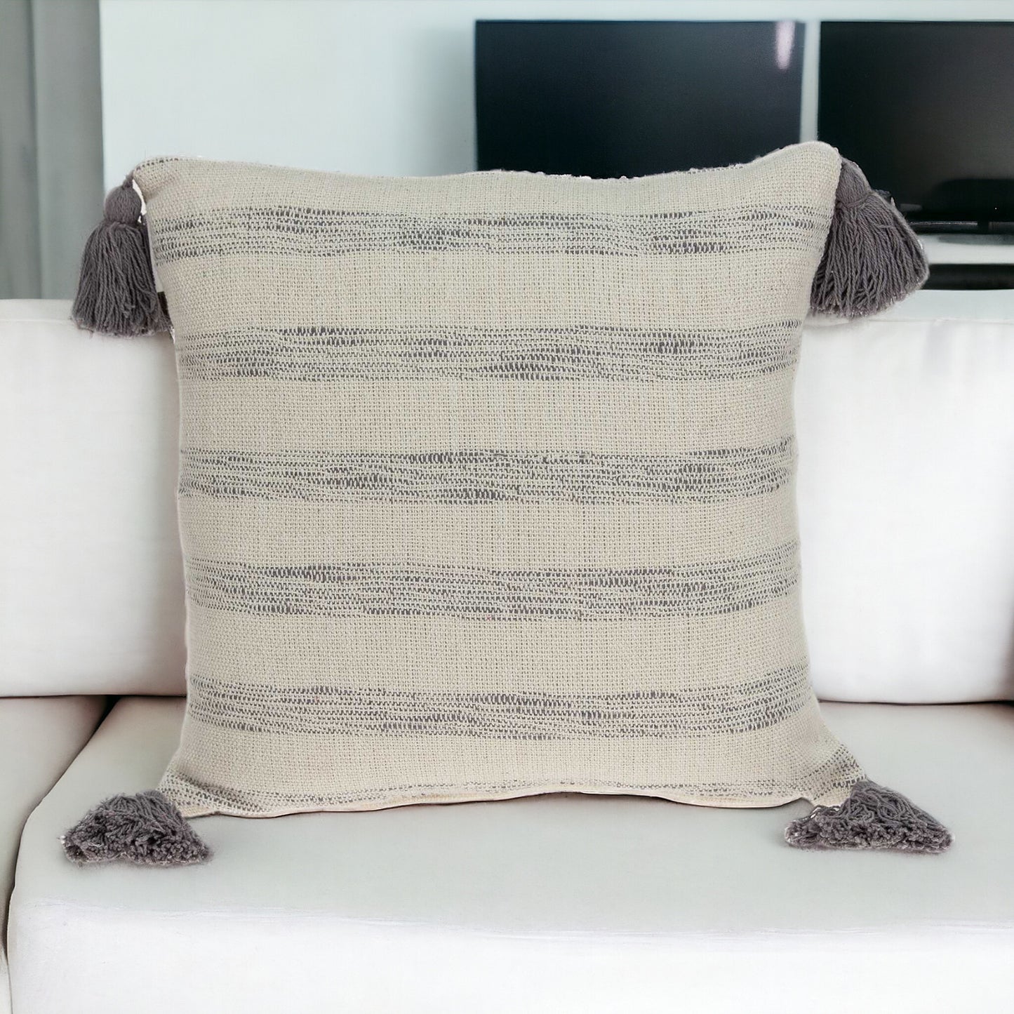 18" Beige and Gray Striped Cotton Throw Pillow With Tassels