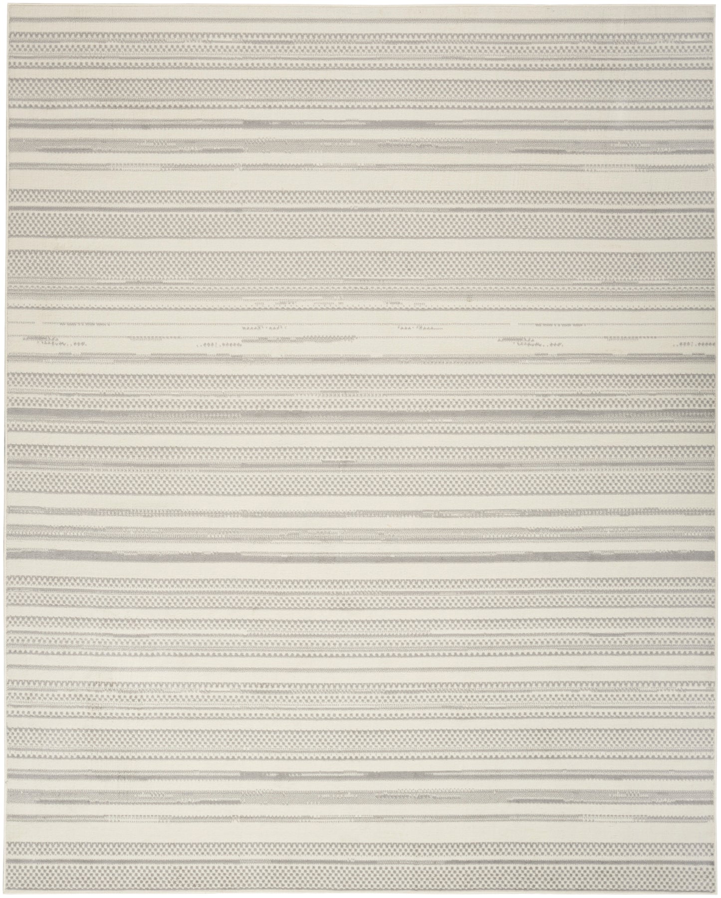 Rectangular rug in ivory and light gray with horizontal textured stripes and dotted bands, modern minimalist style.