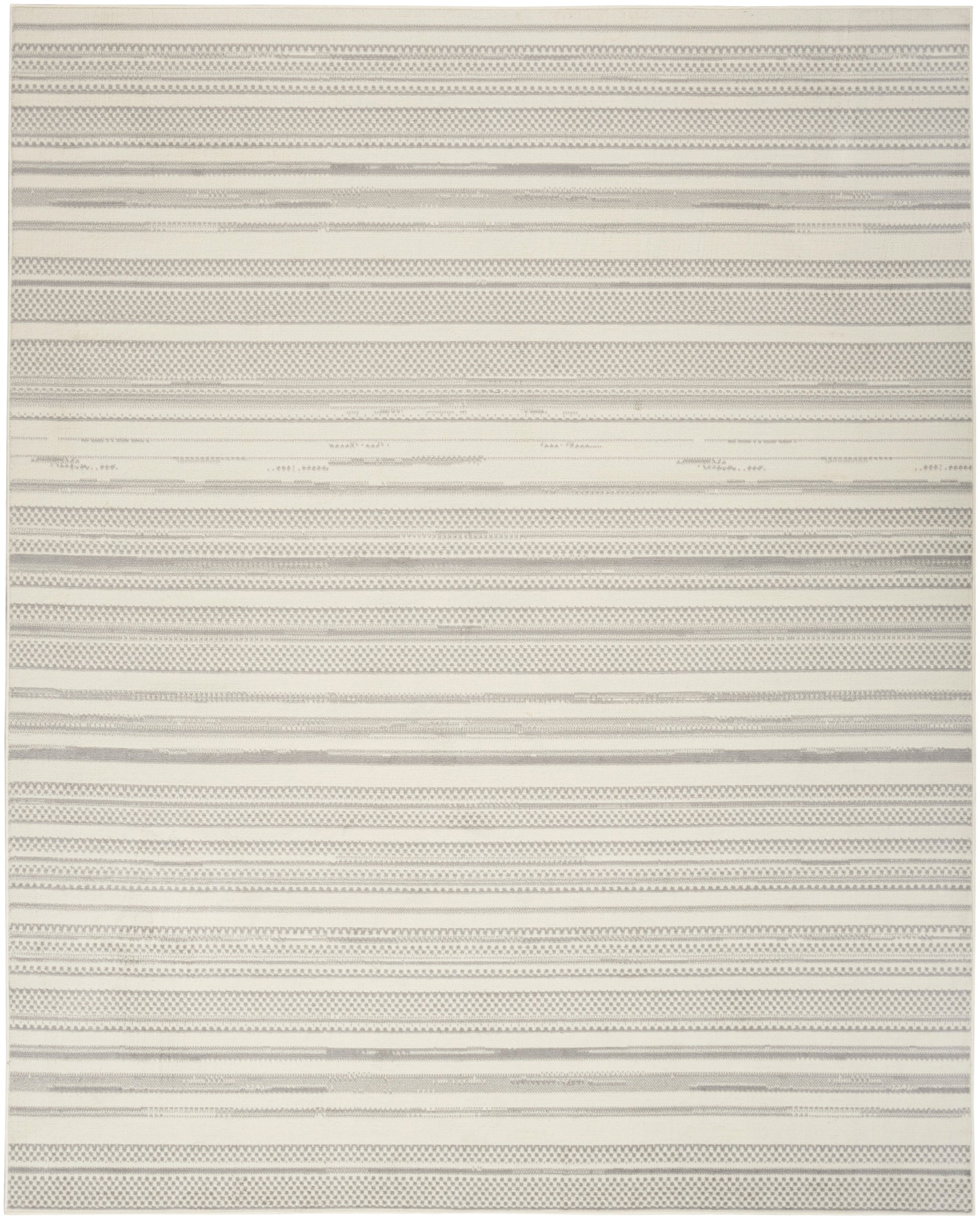 Rectangular rug in ivory and light gray with horizontal textured stripes and dotted bands, modern minimalist style.