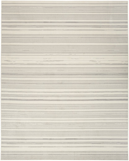 Rectangular rug in ivory and light gray with horizontal textured stripes and dotted bands, modern minimalist style.