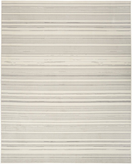 Rectangular rug in ivory and light gray with horizontal textured stripes and dotted bands, modern minimalist style.