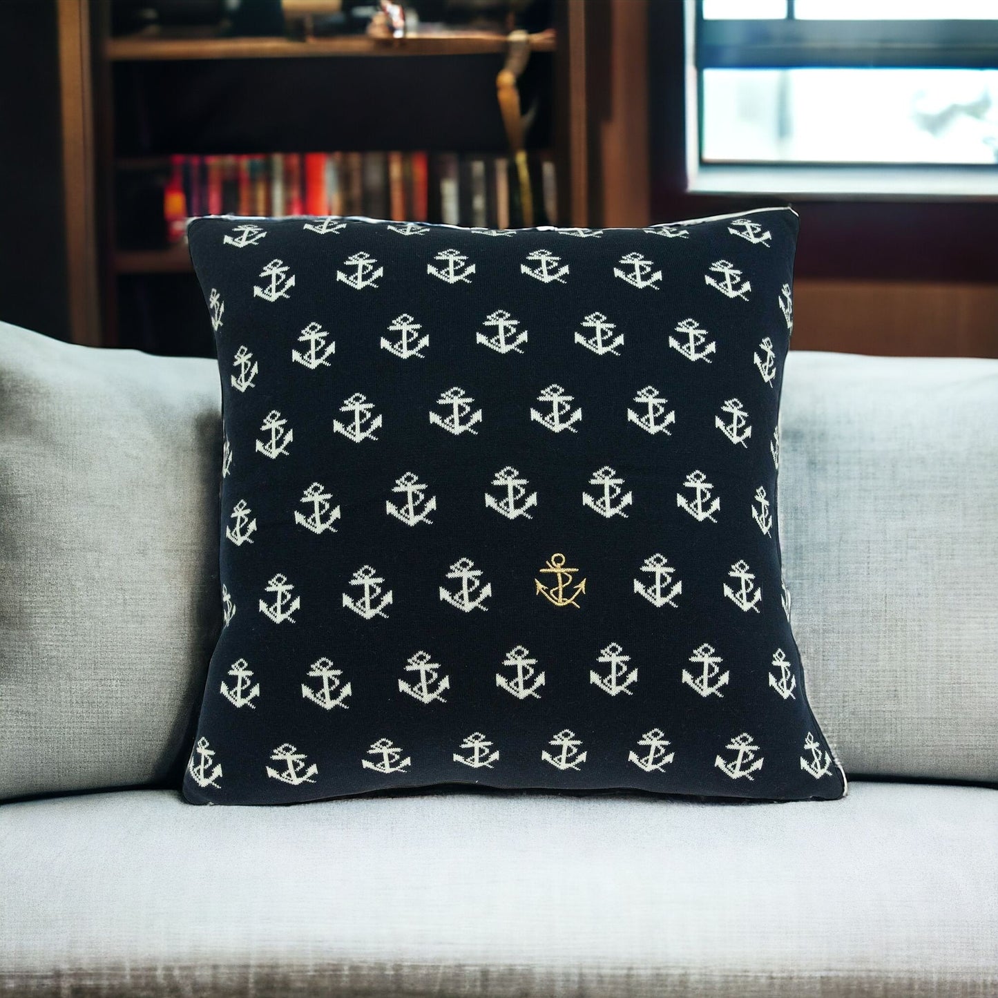 20" Blue and Off White Reversible Nautical Anchor Cotton Throw Pillow