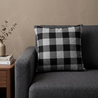 20" Gray Plaid Cotton Throw Pillow