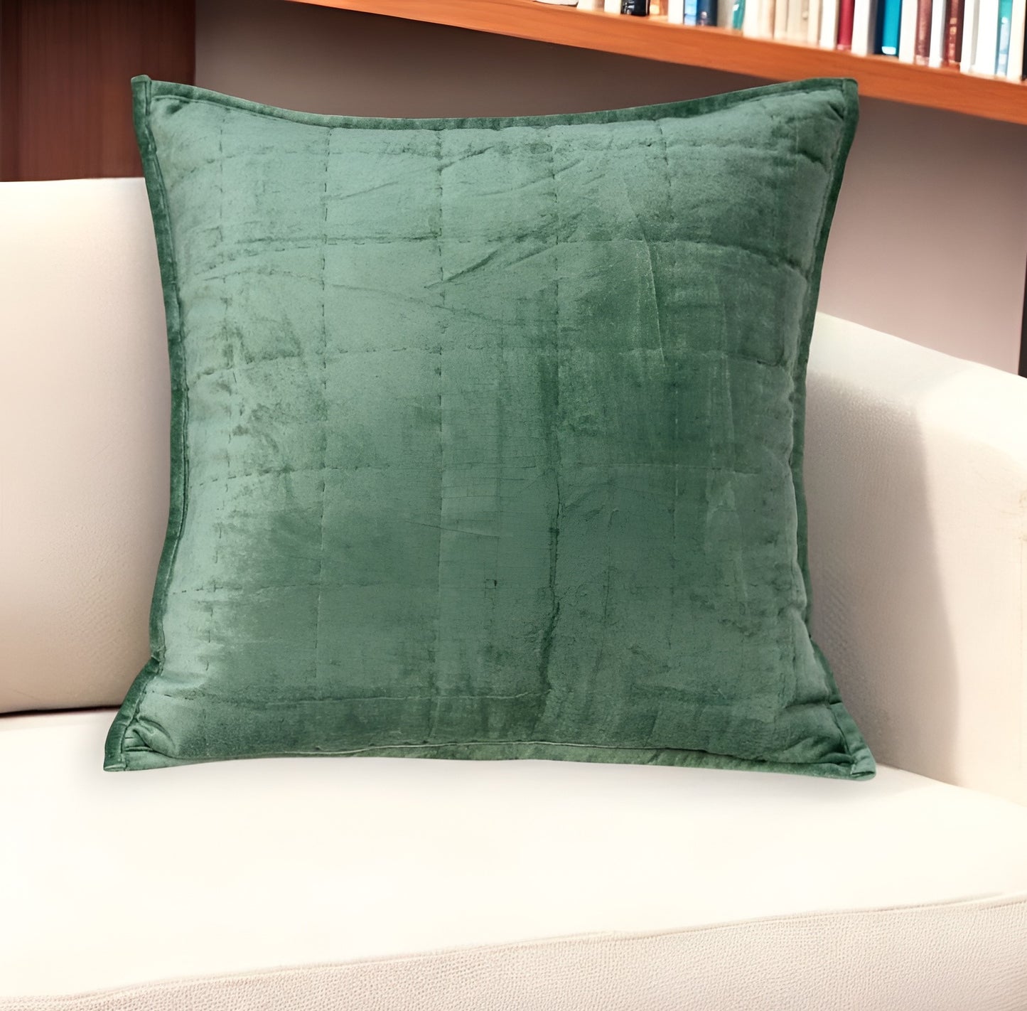 20" X 7" X 20" Transitional Green Solid Quilted Pillow Cover With Poly Insert