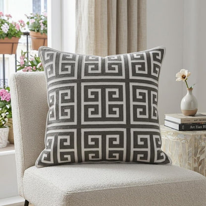 20" Gray and White Greek Key Cotton Throw Pillow