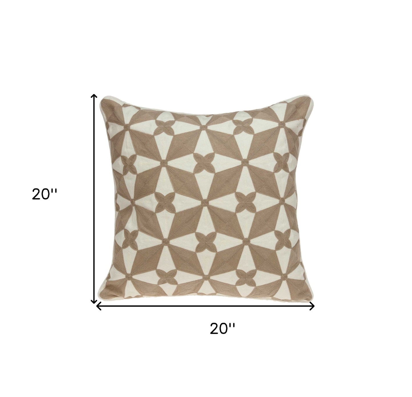 20" Beige and White Geometric Cotton Throw Pillow