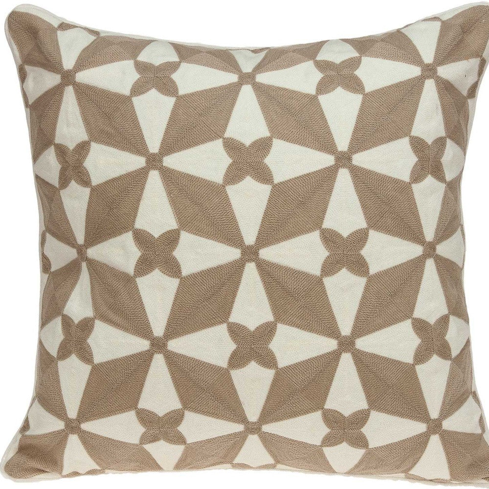 20" Beige and White Geometric Cotton Throw Pillow