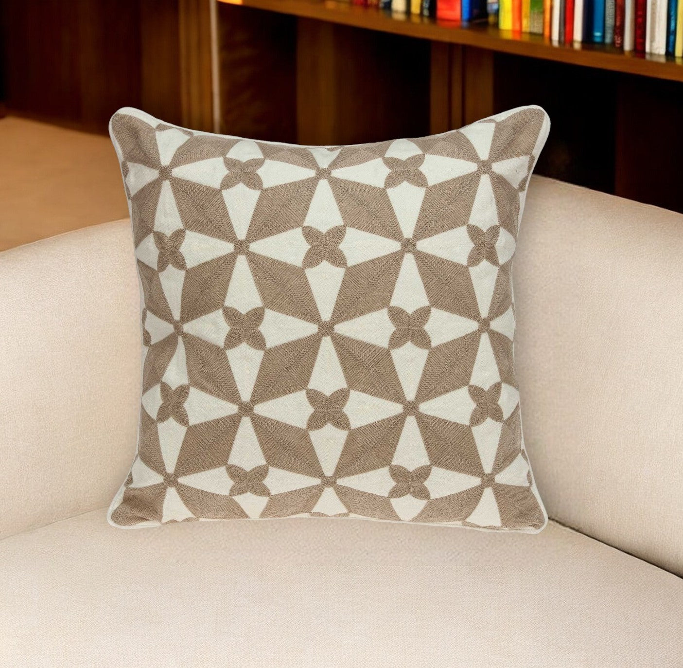 20" Beige and White Geometric Cotton Throw Pillow