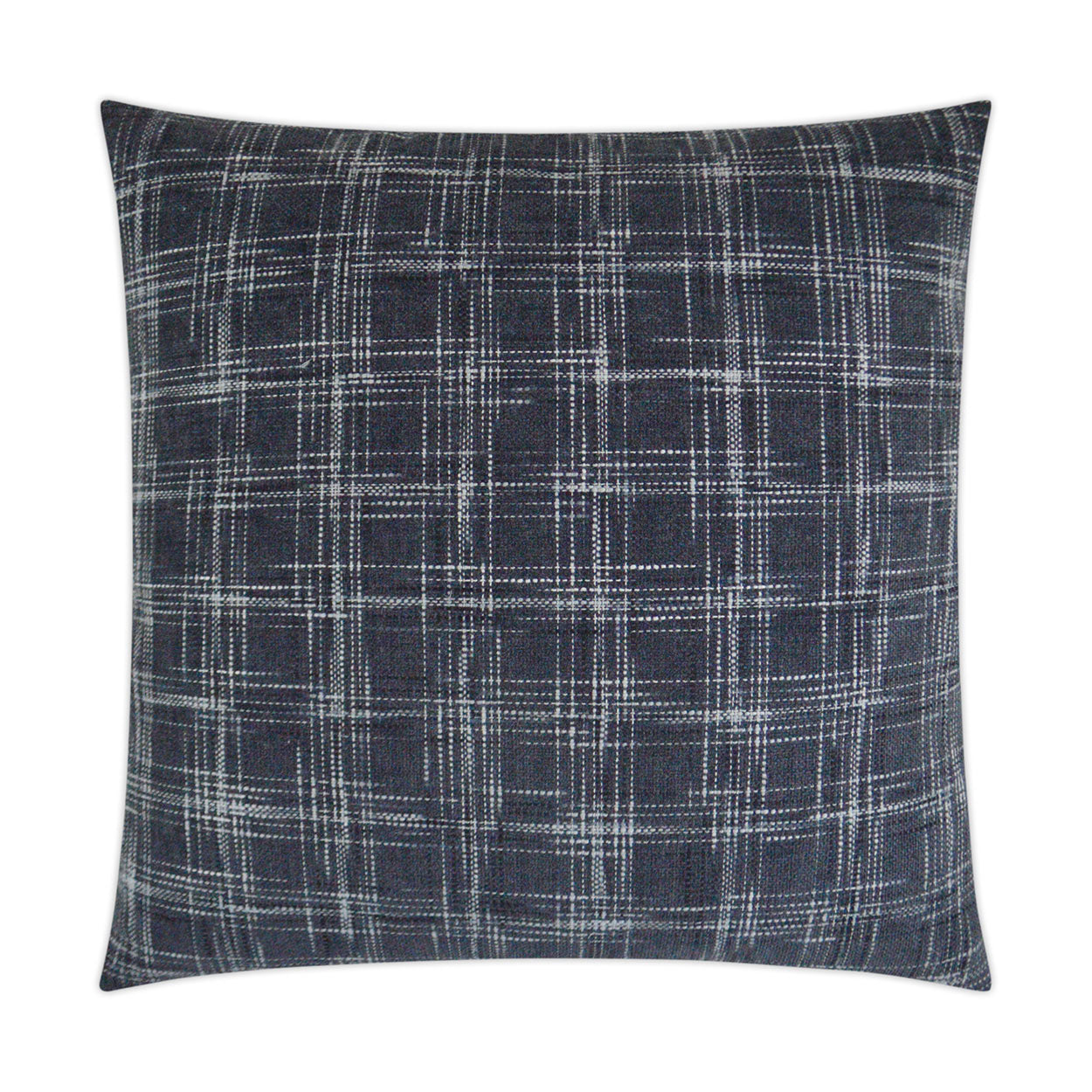 Dark navy square throw pillow with light gray plaid pattern, soft woven fabric.
