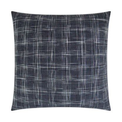 Dark navy square throw pillow with light gray plaid pattern, soft woven fabric.