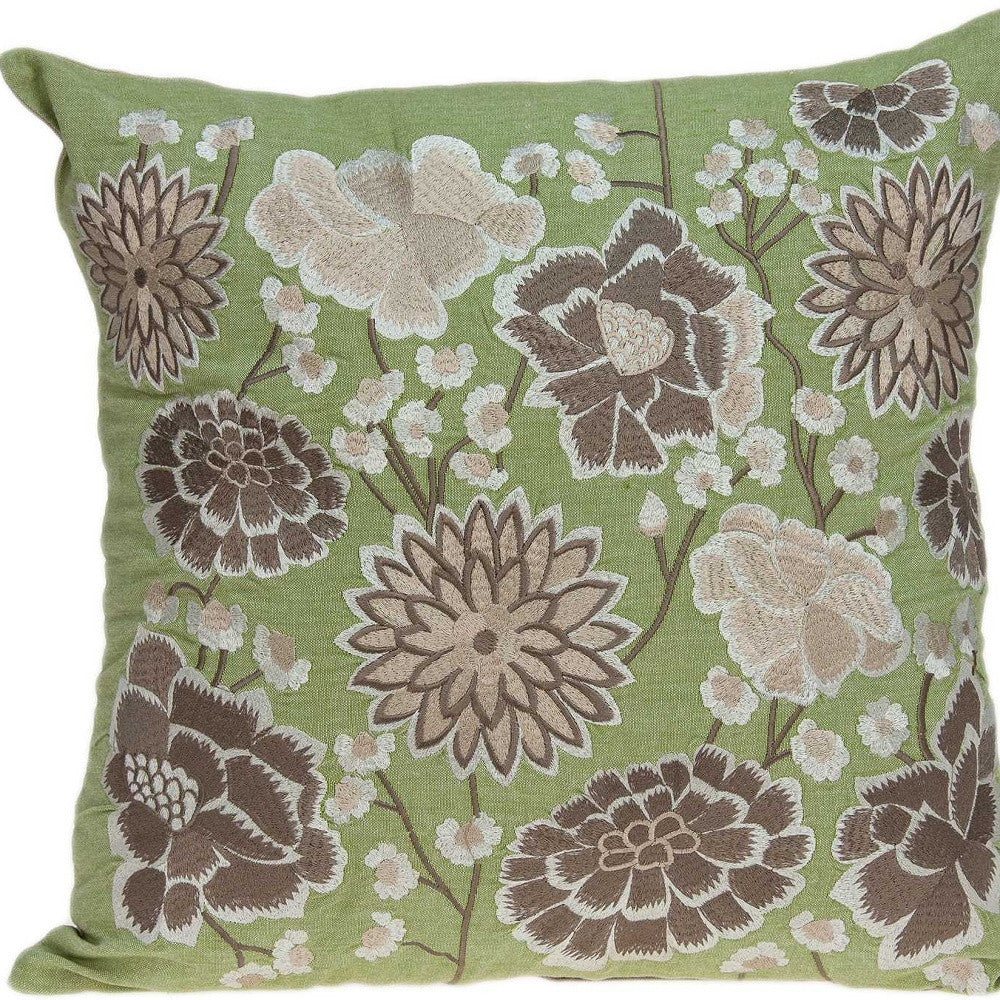 20" X 20" Green Floral Cotton Down Pillow