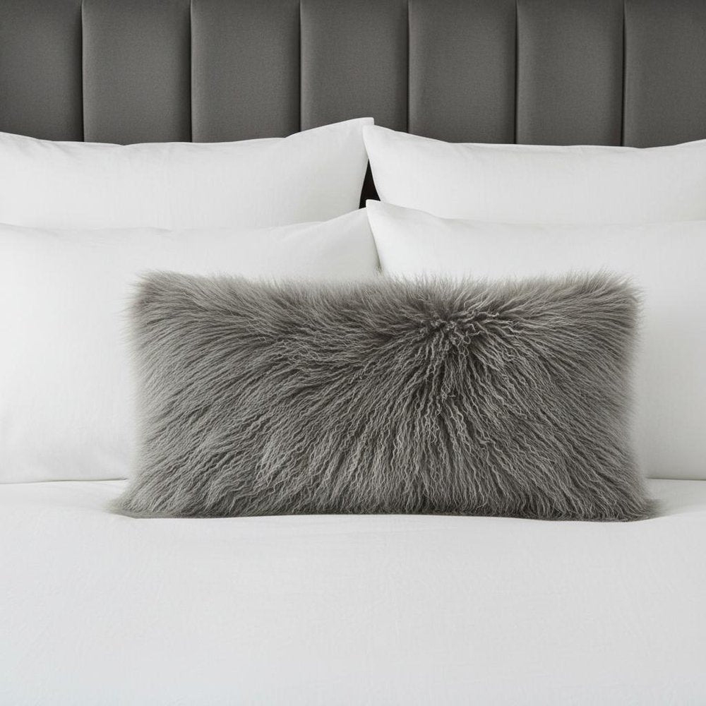 17" Grey Genuine Tibetan Lamb Fur Pillow With Microsuede Backing