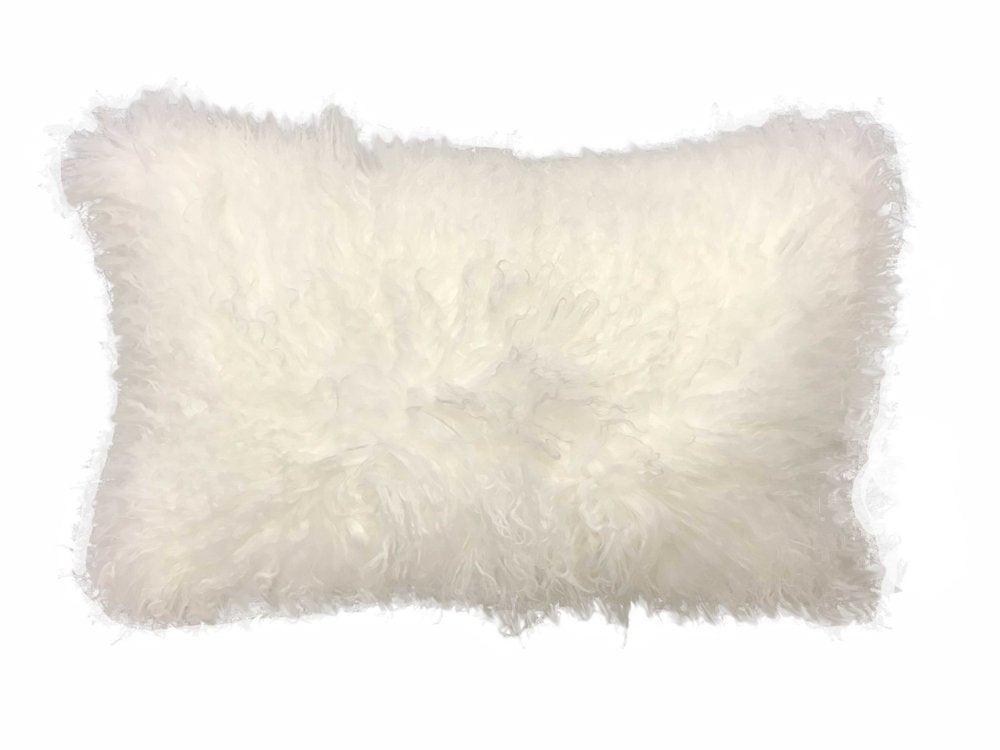17-inch bright white Tibetan lamb fur pillow with microsuede backing.