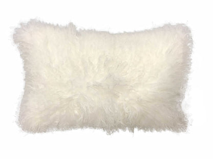 17-inch bright white Tibetan lamb fur pillow with microsuede backing.