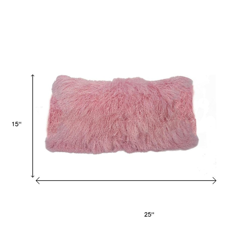 Pink lambswool down lumbar throw pillow, 15x25 inches, rectangular sofa cushion.