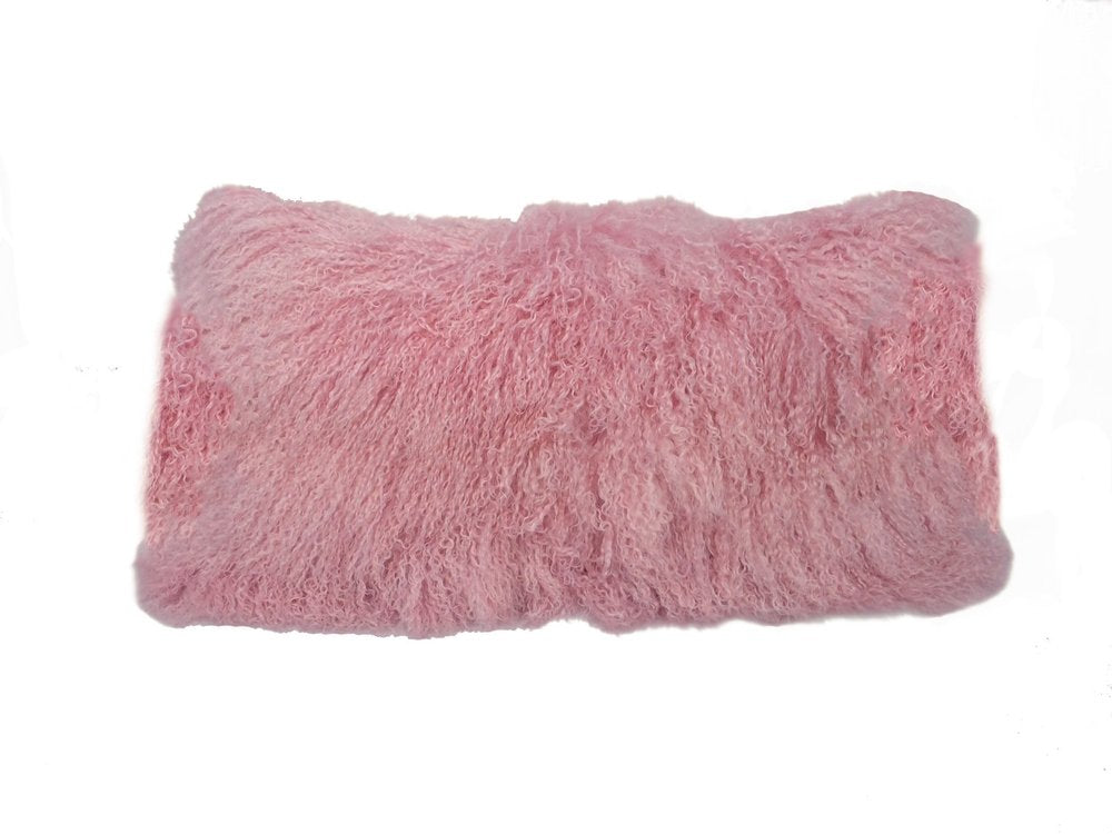 Rectangular pink lambswool down lumbar throw pillow, 15" x 25", for sofa or bed.