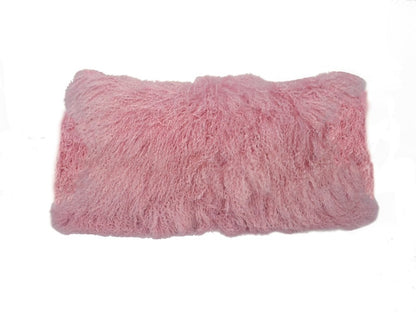 Rectangular pink lambswool down lumbar throw pillow, 15" x 25", for sofa or bed.
