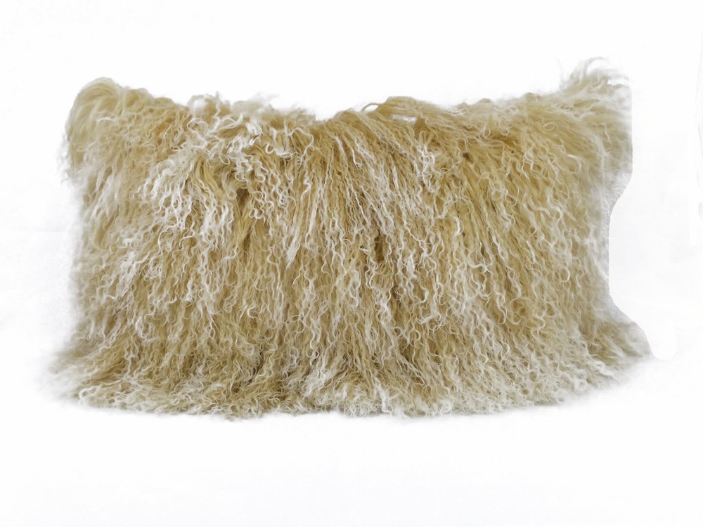 20-inch gold genuine Tibetan lamb fur pillow with microsuede backing.