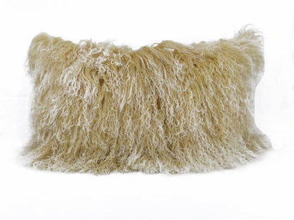 20-inch gold genuine Tibetan lamb fur pillow with microsuede backing.