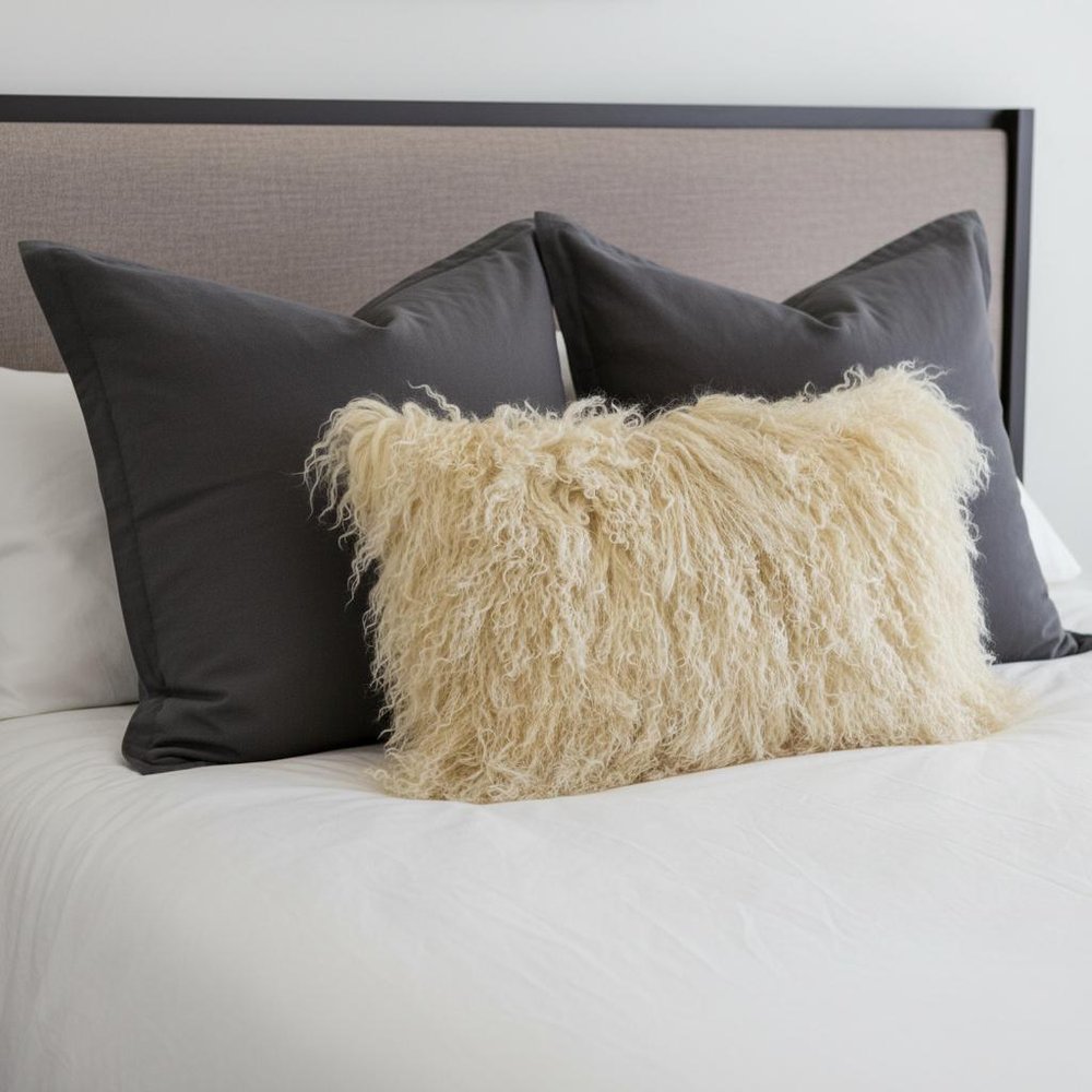20" Gold Genuine Tibetan Lamb Fur Pillow With Microsuede Backing