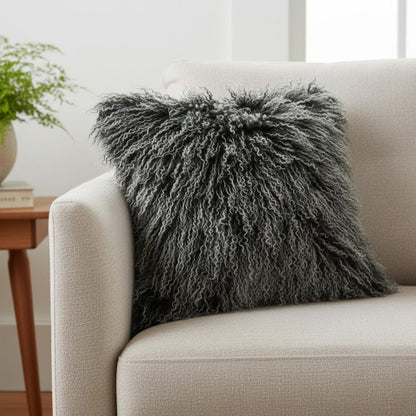 20" Black White Genuine Tibetan Lamb Fur Pillow With Microsuede Backing