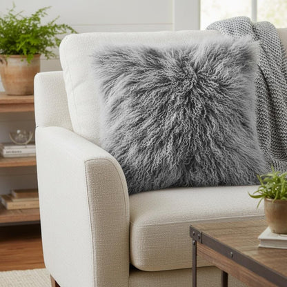 24" Grey Genuine Tibetan Lamb Fur Pillow With Microsuede Backing