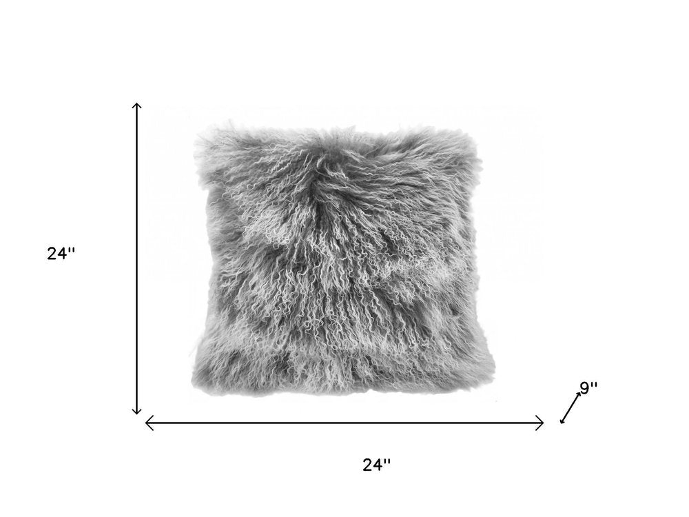 24" Grey Genuine Tibetan Lamb Fur Pillow With Microsuede Backing