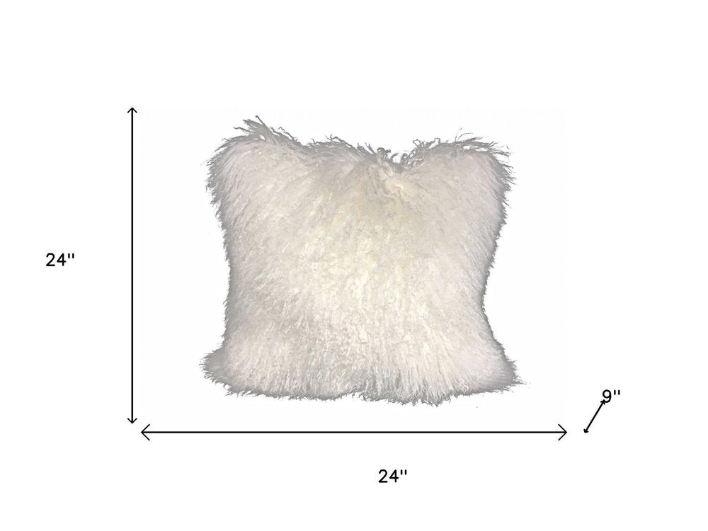 24" Bright White Genuine Tibetan Lamb Fur Pillow With Microsuede Backing
