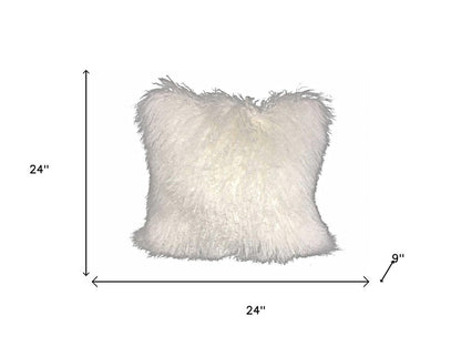 24" Bright White Genuine Tibetan Lamb Fur Pillow With Microsuede Backing