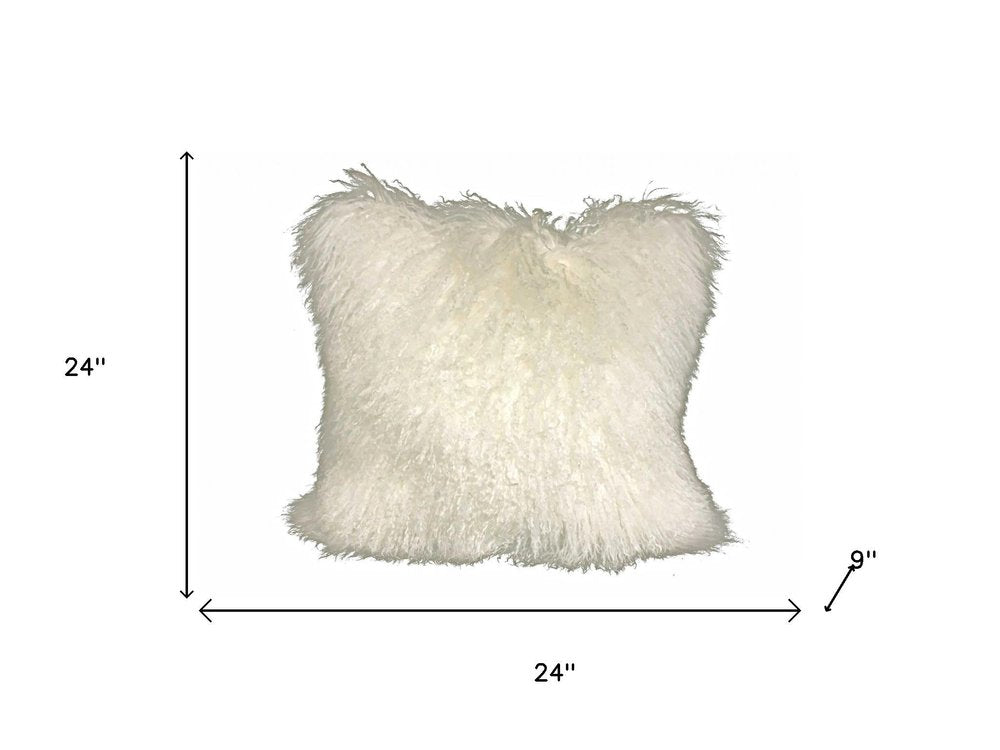24" Creamy Genuine Tibetan Lamb Fur Pillow With Microsuede Backing