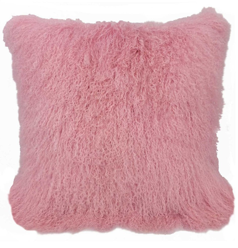Pink genuine Tibetan lamb fur pillow with microsuede backing, plush shaggy square decorative cushion.