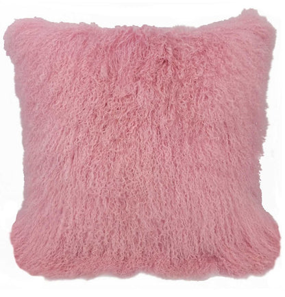 Pink genuine Tibetan lamb fur pillow with microsuede backing, plush shaggy square decorative cushion.
