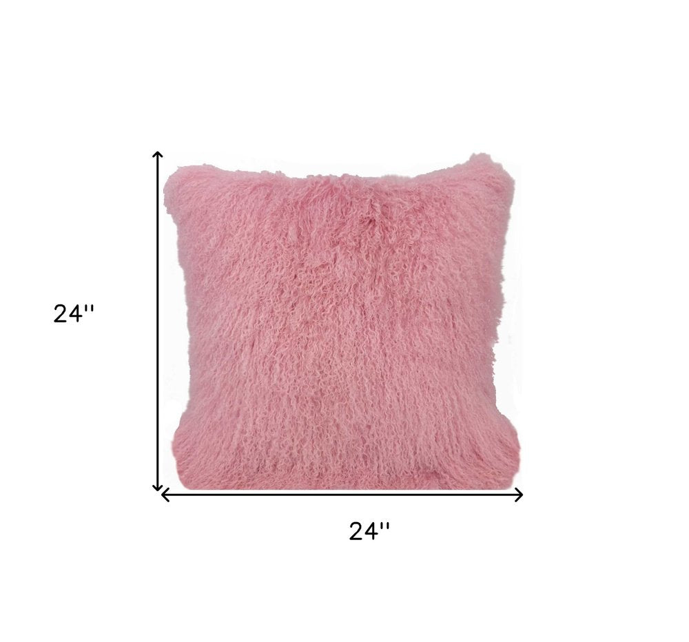 Pink genuine Tibetan lamb fur pillow with microsuede backing, square 24x24 inches, decorative throw pillow.