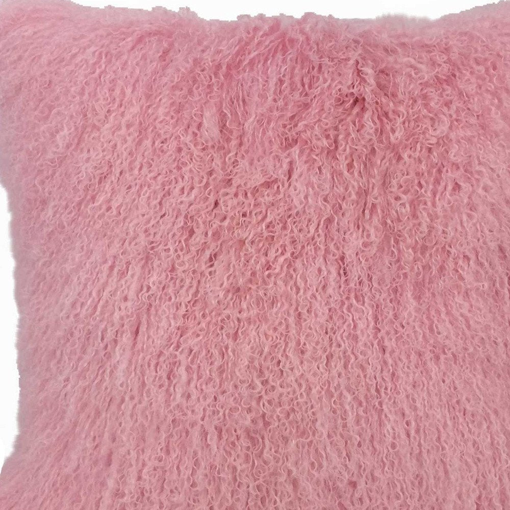 Pink genuine Tibetan lamb fur pillow with microsuede backing, 24" square throw pillow for sofa or bed decor.