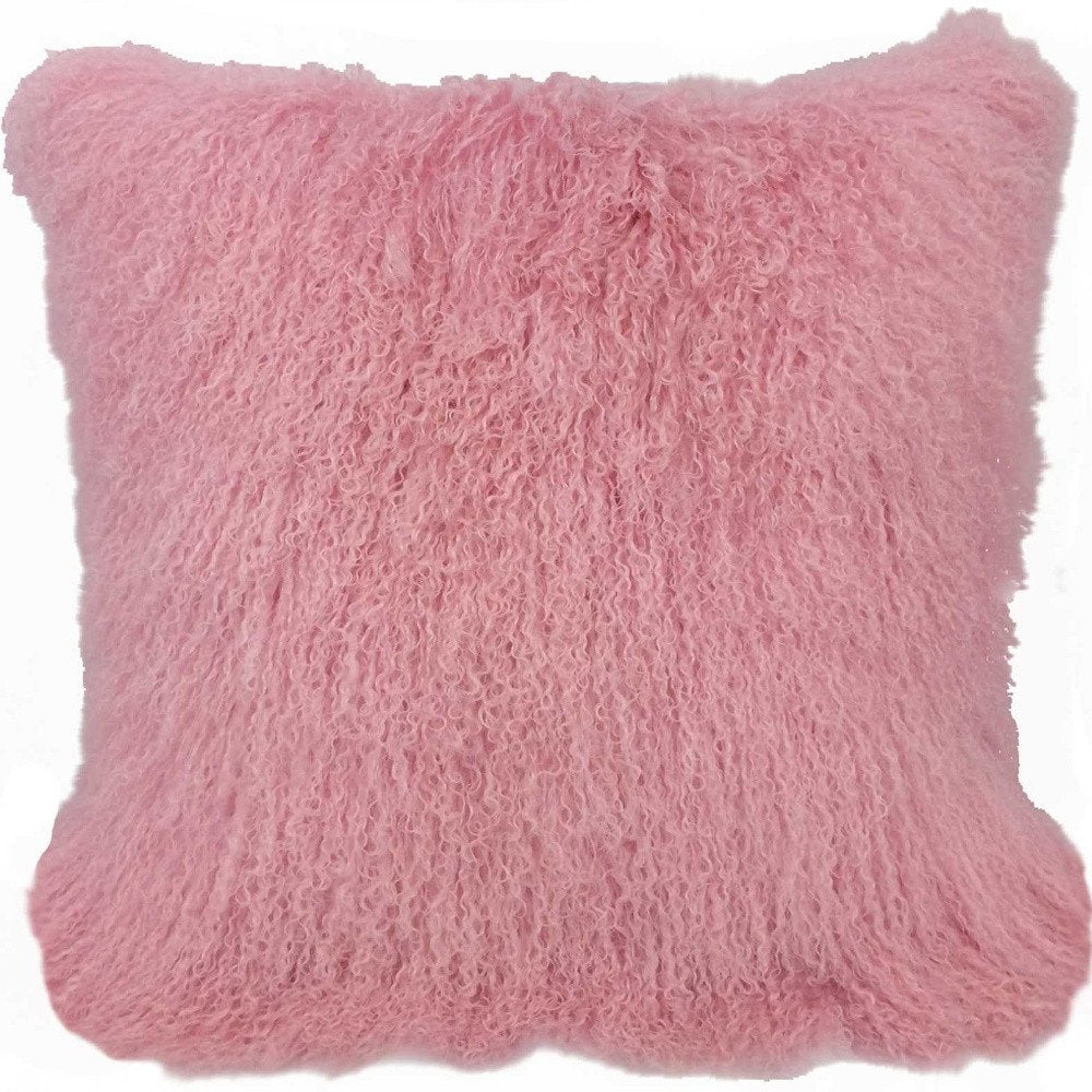 Pink 24" square genuine Tibetan lamb fur pillow with microsuede backing.