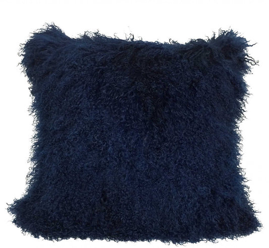 24" Navy Blue Genuine Tibetan Lamb Fur Pillow With Microsuede Backing