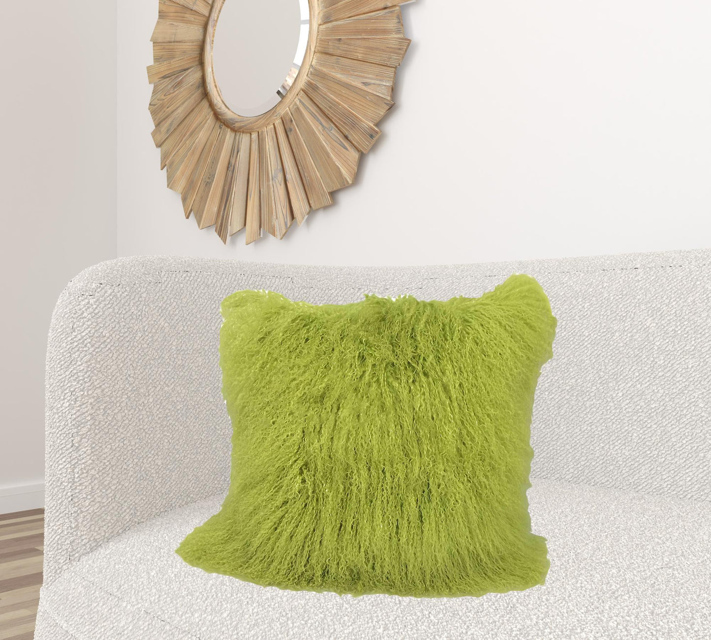 24" Lime Green Genuine Tibetan Lamb Fur Pillow With Microsuede Backing