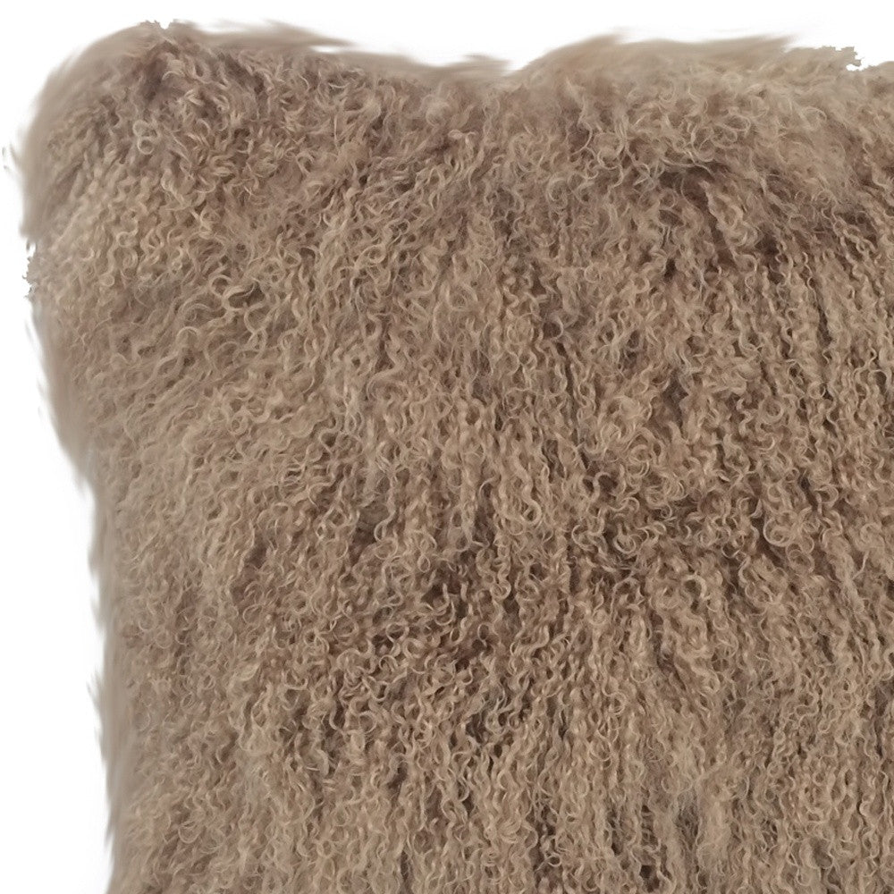 24" Beige Genuine Tibetan Lamb Fur Pillow With Microsuede Backing