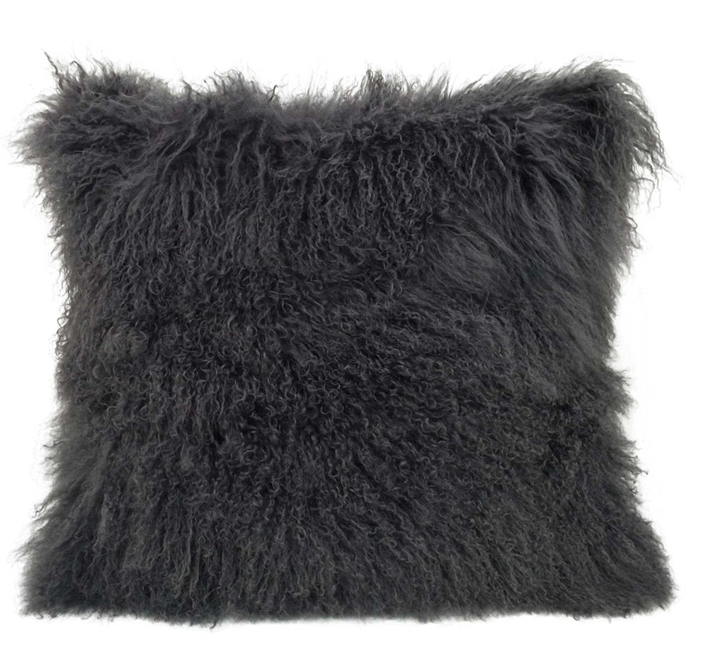 Charcoal 24-inch square pillow with genuine Tibetan lamb fur and microsuede backing.