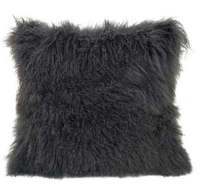 Charcoal 24-inch square pillow with genuine Tibetan lamb fur and microsuede backing.