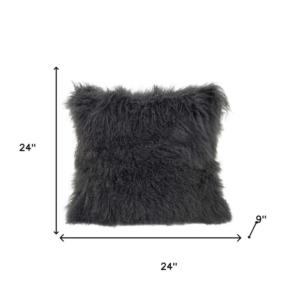 24" Charcoal Genuine Tibetan Lamb Fur Pillow With Microsuede Backing