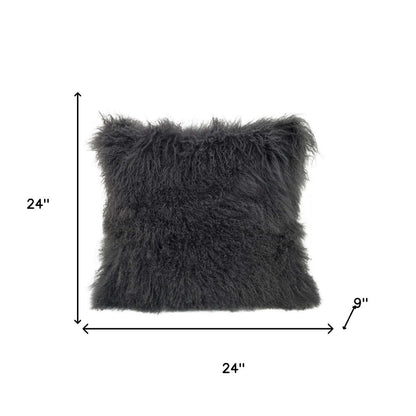 24" Charcoal Genuine Tibetan Lamb Fur Pillow With Microsuede Backing