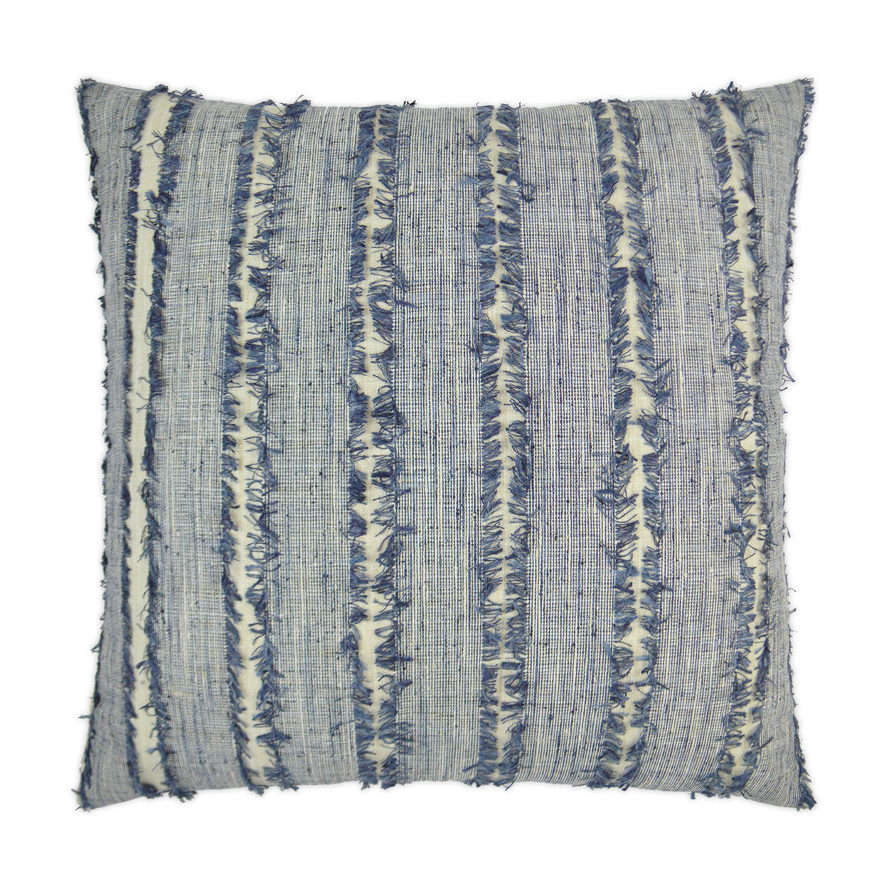 Blue striped woven throw pillow with fringe edges and textured weave.