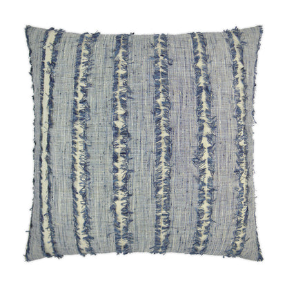 Blue striped woven throw pillow with fringe edges and textured weave.