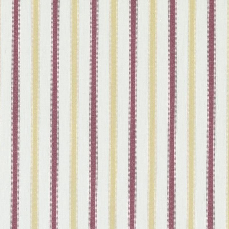Cream-colored upholstery fabric with vertical gold and red stripes in a repeating pattern.