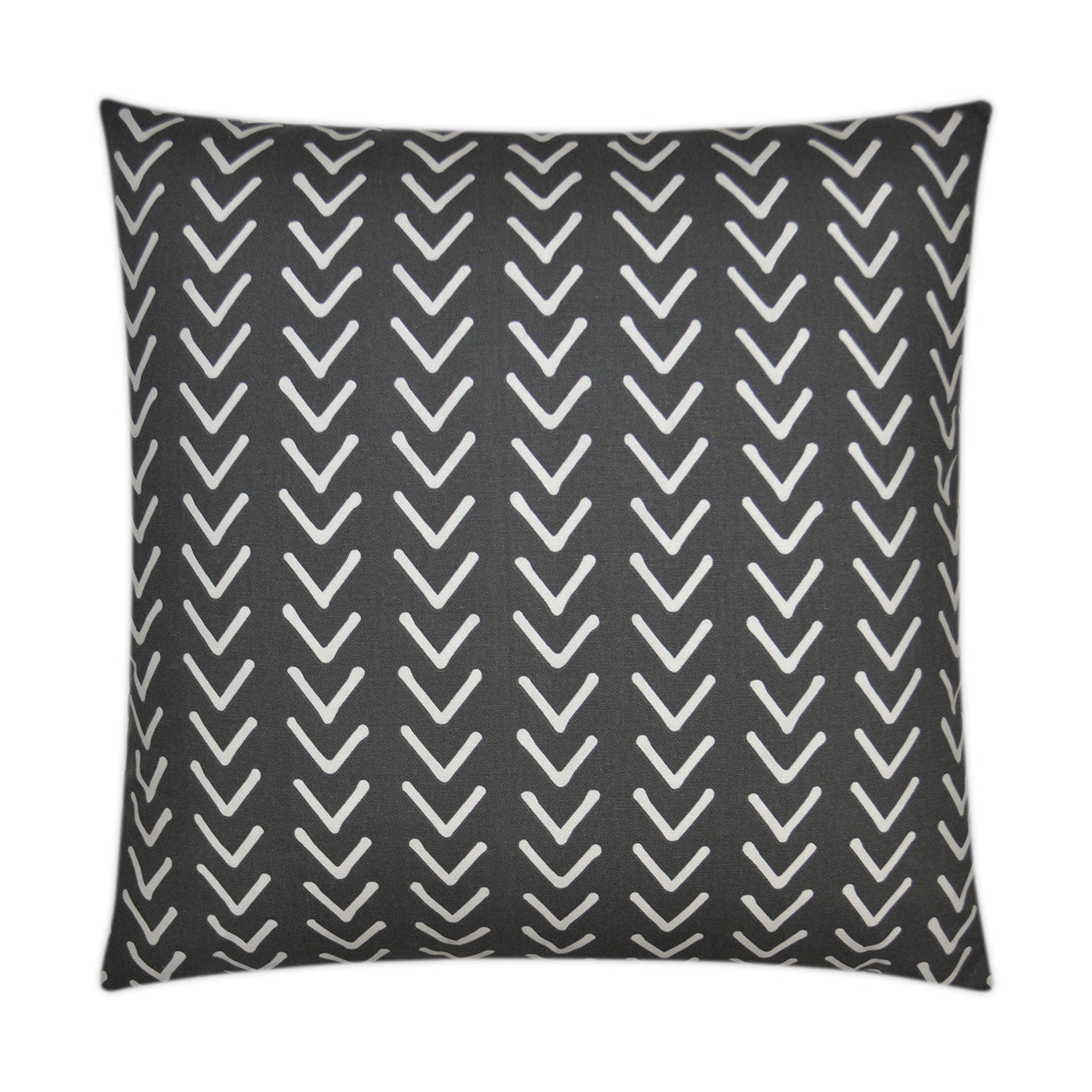 Square decorative throw pillow with dark charcoal background and white chevron pattern.